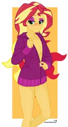 Size: 1609x2973 | Tagged: suggestive, artist:sarahthefox97, derpibooru import, sunset shimmer, human, equestria girls, background, beautiful, beautisexy, big breasts, blushing, boobshot, breasts, busty sunset shimmer, crossed legs, cutie mark, cutie mark background, eyebrows visible through hair, eyelashes, eyeshadow, female, females only, image, imminent nudity, implied nudity, jpeg, legs, long eyelashes, looking at you, makeup, one eyebrow lowered, open jacket, purple eyeshadow, sexy, simple background, smiling, smiling at you, solo, solo female, stupid sexy sunset shimmer, undressing, unzipping, white background