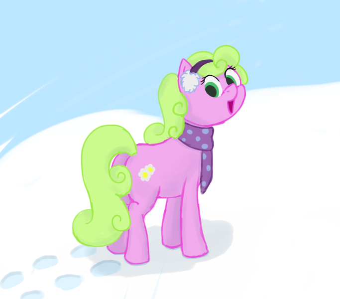 Size: 1979x1738 | Tagged: safe, artist:frilanka, derpibooru import, daisy, flower wishes, earth pony, pony, clothes, earmuffs, image, looking at you, looking back, looking back at you, png, scarf, snow, solo