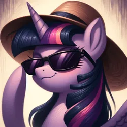 Size: 2048x2048 | Tagged: safe, ai content, derpibooru import, machine learning generated, prompter:krivovyaz, twilight sparkle, alicorn, pony, blushing, generator:bing image creator, hat, high res, image, like a boss, png, raised hoof, simple background, smiling, smug, solo, sunglasses, sunglasses on head