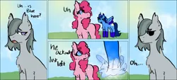 Size: 1280x577 | Tagged: safe, derpibooru import, marble pie, pinkie pie, oc, oc:blue thunder, alicorn, earth pony, alicorn oc, comic, disappear, gray, horn, image, png, wings