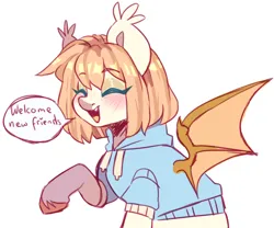 Size: 630x525 | Tagged: safe, artist:cheekipone, ponerpics import, oc, oc:honey milk, unofficial characters only, bat pony, pony, bat pony oc, bat wings, blushing, clothes, dialogue, ear tufts, eyes closed, fangs, female, hoodie, image, mare, open smile, png, raised hoof, short sleeves, simple background, solo, spread wings, unshorn fetlocks, white background, wings