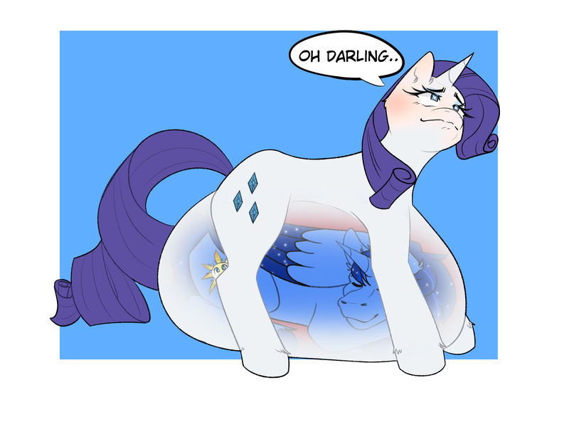 Size: 1600x1200 | Tagged: suggestive, derpibooru import, rarity, oc, oc:blue thunder, alicorn, unicorn, alicorn oc, belly, big belly, horn, image, jpeg, vore, wings