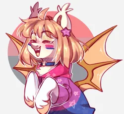 Size: 791x724 | Tagged: safe, artist:cheekipone, ponerpics import, oc, oc:honey milk, unofficial characters only, pony, bisexual, bisexual pride flag, blushing, choker, clothes, ear piercing, ear tufts, earring, eyes closed, eyeshadow, fangs, female, hoodie, image, jewelry, makeup, mare, piercing, png, pride, pride flag, solo, spread wings, stars, teeth, unshorn fetlocks, wings