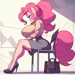 Size: 1024x1024 | Tagged: safe, ai content, derpibooru import, machine learning generated, pinkie pie, anthro, abstract background, adorasexy, bag, big breasts, breasts, busty pinkie pie, chair, clothes, curvy, cute, female, g4, handbag, high heels, hourglass figure, huge breasts, image, implied transgender transformation, impossibly large breasts, looking down, office lady, png, prompter:horselover fat, sad, sexy, shoes, side view, sideboob, sitting, solo
