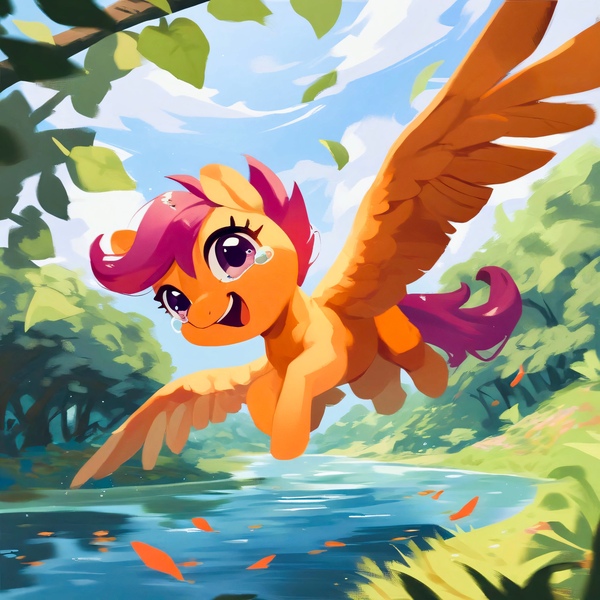 Size: 4096x4096 | Tagged: safe, ai content, derpibooru import, machine learning generated, prompter:k. dale, stable diffusion, scootaloo, pegasus, pony, cloud, crying, day, falling leaves, female, flying, g4, generator:purplesmart.ai, grass, image, jpeg, leaves, looking at you, mare, missing cutie mark, scootaloo can fly, smiling, smiling at you, solo, spread wings, tears of joy, tree, water, wings