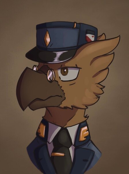 Size: 734x983 | Tagged: safe, artist:blakasmoko, derpibooru import, oc, oc:gunnar sabel-karlsson, gryphon, equestria at war mod, bust, clothes, glasses, griffon oc, hat, image, jpeg, portrait, simple background, solo, uniform