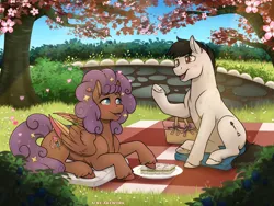 Size: 1600x1200 | Tagged: safe, artist:acry-artwork, derpibooru import, oc, unofficial characters only, earth pony, pegasus, pony, basket, duo, earth pony oc, food, image, jpeg, pegasus oc, picnic basket, picnic blanket, sandwich, tree, wings