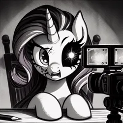 Size: 1024x1024 | Tagged: prompter needed, semi-grimdark, ai content, derpibooru import, machine learning generated, rarity, pony, unicorn, lil-miss rarity, black and white, camcorder, chair, creepy, cut, desk, facial scar, female, g4, generator:dall-e 3, grayscale, hooves on the table, image, jpeg, mare, mismatched eyes, monochrome, open mouth, pencil, scar, solo