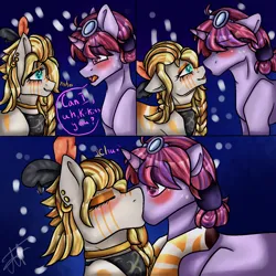 Size: 1280x1280 | Tagged: safe, artist:deadsmoke, derpibooru import, oc, oc:clementine(one hammer), oc:tinker bella, blushing, first kiss, floppy ears, image, kissing, oc x oc, png, shipping, snow, snowfall, wide eyes