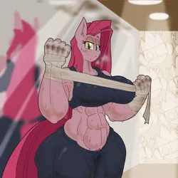 Size: 1600x1600 | Tagged: safe, artist:sanyo2100, derpibooru import, pinkie pie, anthro, abs, bandage, breasts, busty pinkie pie, gym, image, mirror, muscles, my little pony, pinkamena diane pie, png, pubic fluff