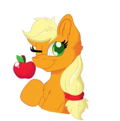 Size: 1761x1772 | Tagged: safe, artist:cinematic-fawn, derpibooru import, applejack, pony, apple, bust, food, image, one eye closed, png, portrait, simple background, solo, white background, wink