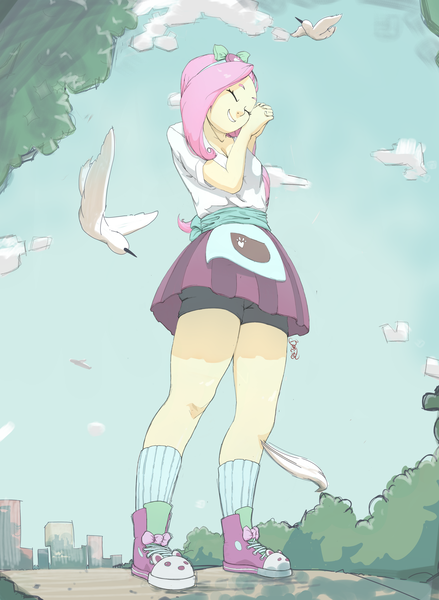 Size: 3000x4100 | Tagged: safe, artist:bhar0, derpibooru import, fluttershy, bird, human, equestria girls, clothes, compression shorts, cute, eyes closed, female, hands together, high res, image, low angle, png, shyabetes, skirt, smiling, sneaker, socks, solo