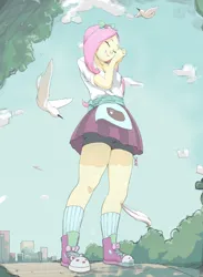 Size: 3000x4100 | Tagged: safe, artist:bhar0, derpibooru import, fluttershy, bird, human, equestria girls, clothes, compression shorts, cute, eyes closed, female, hands together, high res, image, low angle, png, shyabetes, skirt, smiling, sneaker, socks, solo