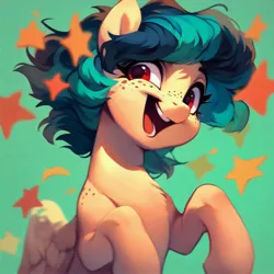 Size: 4096x4096 | Tagged: safe, ai content, derpibooru import, machine learning generated, stable diffusion, oc, oc:apogee, unofficial characters only, pegasus, pony, chest fluff, cute, female, filly, foal, freckles, generator:purplesmart.ai, green background, happy, image, jpeg, red eyes, short mane, simple background, smiling, solo, standing, stars