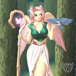 Size: 3000x3000 | Tagged: safe, artist:wraith148, derpibooru import, fluttershy, anthro, bird, pegasus, pony, breasts, busty fluttershy, clothes, druid, druidshy, female, flower, forest, high res, image, jpeg, mare, nature, side slit, smiling, solo, staff, tree