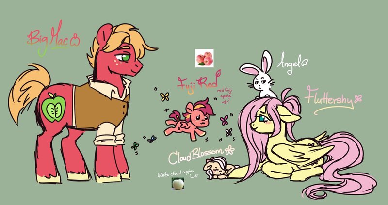 Size: 1974x1043 | Tagged: safe, artist:arxielle, derpibooru import, angel bunny, big macintosh, fluttershy, oc, oc:cloud blossom, oc:fuji red, butterfly, earth pony, insect, pegasus, pony, rabbit, :3, angel bunny is not amused, animal, apple, baby, baby pony, blushing, bow, clothes, colt, cute, family, father and child, female, filly, floppy ears, fluttermac, flying, foal, food, freckles, green background, hair bow, image, jpeg, lidded eyes, lying down, male, mother and child, name, no pupils, offspring, older, older big macintosh, older fluttershy, parent:big macintosh, parent:fluttershy, parents:fluttermac, prone, reference, shipping, shirt, simple background, smiling, straight, unamused, unshorn fetlocks, vest