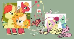 Size: 1974x1043 | Tagged: safe, artist:arxielle, derpibooru import, angel bunny, big macintosh, bright mac, fluttershy, gentle breeze, pear butter, posey shy, oc, oc:cloud blossom, oc:fuji red, butterfly, earth pony, insect, pegasus, pony, rabbit, :3, animal, apple, baby, baby pony, blushing, bow, clothes, color palette, colt, cowboy hat, cute, ear piercing, earring, facial hair, family, father and child, female, filly, floppy ears, flower, flower in hair, fluttermac, flying, foal, food, freckles, glasses, green background, hair bow, hat, image, jewelry, jpeg, lidded eyes, lying down, male, mother and child, moustache, name, necklace, no pupils, offspring, older, older big macintosh, older fluttershy, parent:big macintosh, parent:fluttershy, parents:fluttermac, pearl necklace, piercing, prone, reference, screencap reference, shipping, simple background, smiling, straight, sweater, unshorn fetlocks