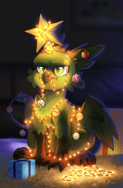 Size: 2954x4507 | Tagged: safe, artist:dorkmark, derpibooru import, oc, unofficial characters only, gryphon, :i, bauble, being a christmas tree, chest fluff, christmas, christmas lights, christmas ornament, christmas star, decoration, griffon oc, high res, holiday, image, partially open wings, png, present, sitting, solo, stars, string lights, three quarter view, wings