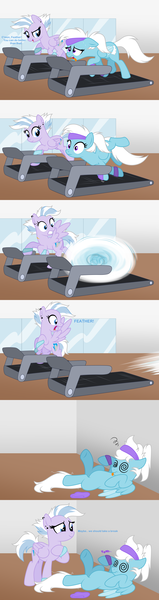 Size: 5262x19800 | Tagged: safe, artist:feather_bloom, derpibooru import, oc, oc:featherbloom, oc:silver haze, pegasus, pony, comic, detailed background, dizzy, ear piercing, earring, exercise, image, jewelry, messy mane, piercing, png, running, spinning, sweatband, treadmill, tripping