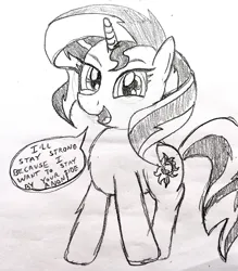 Size: 2528x2890 | Tagged: safe, artist:dhm, derpibooru import, sunset shimmer, pony, unicorn, drawthread, encouragement, high res, image, jpeg, looking at you, monochrome, sketch, smiling, smiling at you, solo, speech bubble, text, traditional art