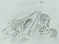 Size: 3548x2637 | Tagged: safe, artist:dhm, derpibooru import, maud pie, pinkie pie, pegasus, pony, cloud, drawthread, fast, flying, fun, high res, hill, image, jpeg, monochrome, playing, sketch, sky, slip n slide, speech bubble, traditional art, wholesome