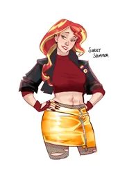 Size: 2830x3860 | Tagged: safe, artist:artbysarf, derpibooru import, sunset shimmer, human, alternate hairstyle, bedroom eyes, belly button, clothes, ear piercing, earring, female, fingerless gloves, fishnets, freckles, gloves, grin, high res, humanized, image, jacket, jewelry, leather, leather jacket, lesbian pride flag, lips, makeup, midriff, mouthpiece, nail polish, nose piercing, piercing, png, pride, pride flag, ripped stockings, short shirt, simple background, skirt, smiling, socks, solo, stockings, thigh highs, torn clothes, white background