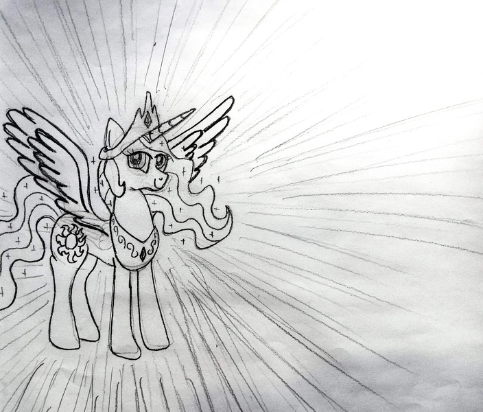 Size: 3659x3120 | Tagged: safe, artist:dhm, derpibooru import, princess celestia, pony, drawthread, glow, high res, image, jpeg, looking at you, monochrome, sketch, smiling, solo, spread wings, traditional art, wings