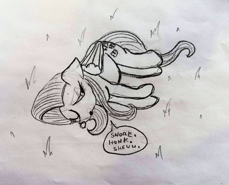 Size: 3518x2844 | Tagged: safe, artist:dhm, derpibooru import, fluttershy, pony, cute, drawthread, grass, high res, image, jpeg, lying down, monochrome, pretend, reference, side, sketch, sleeping, solo, speech bubble, traditional art, trick