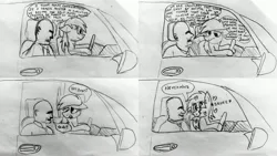 Size: 4096x2304 | Tagged: safe, artist:dhm, derpibooru import, derpy hooves, oc, oc:anon, pony, car, cheering up, comic, cute, drawthread, driving, existential crisis, image, jpeg, monochrome, reference, sad, sketch, speech bubble, squee, tl;dr, traditional art, true detective