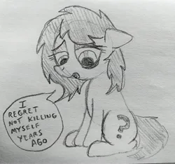 Size: 3196x2997 | Tagged: grimdark, artist:dhm, derpibooru import, oc, oc:anonfilly, unofficial characters only, pony, depressed, depressing, depression, female, filly, high res, image, jpeg, lidded eyes, monochrome, regret, sitting, sketch, solo, speech bubble, suicide, text, tired, traditional art