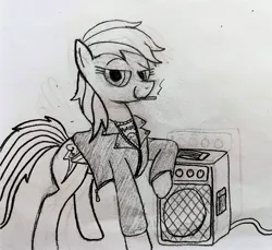 Size: 3053x2797 | Tagged: safe, artist:dhm, derpibooru import, rainbow dash, pony, amplifier, cigarette, clothes, cool, faic, high res, image, jacket, jpeg, leather, leather jacket, looking at you, monochrome, punk, sketch, smug, smugdash, solo, traditional art