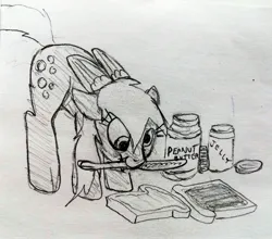 Size: 3006x2648 | Tagged: safe, artist:dhm, derpibooru import, derpy hooves, pony, bread, cute, food, high res, image, jelly, jpeg, knife, monochrome, peanut butter, sandwich, sketch, solo, traditional art, wholesome