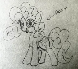 Size: 3459x3099 | Tagged: safe, artist:dhm, derpibooru import, pinkie pie, pony, cute, greeting, hi, high res, image, jpeg, label, looking at you, monochrome, sketch, solo, speech bubble, traditional art