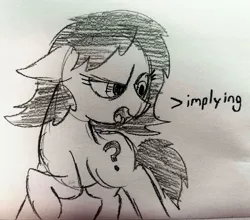 Size: 3389x2981 | Tagged: safe, artist:dhm, derpibooru import, oc, oc:anonfilly, pony, 4chan, female, filly, high res, image, implying, incredulous, jpeg, meme, monochrome, raised hoof, sketch, solo, traditional art, turned head