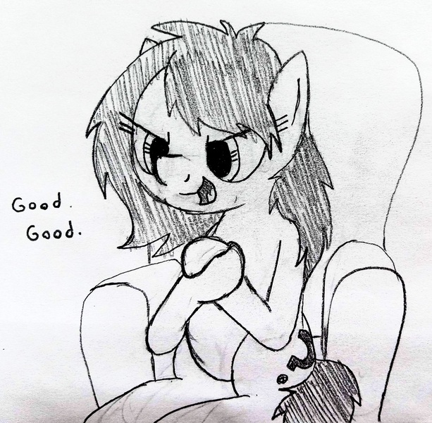 Size: 2871x2812 | Tagged: safe, artist:dhm, derpibooru import, oc, oc:anonfilly, pony, chair, evil grin, female, filly, funny, grin, high res, image, jpeg, monochrome, plotting, rubbing hooves, sitting, sketch, smiling, solo, speech, talking, text, traditional art