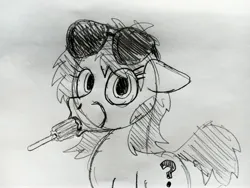 Size: 4160x3120 | Tagged: suggestive, artist:dhm, derpibooru import, oc, oc:anon-mare, pony, eating, food, image, jpeg, looking at you, monochrome, popsicle, sketch, solo, sucking, suggestive eating, sunglasses, traditional art