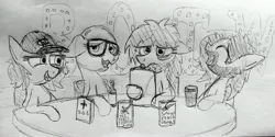 Size: 3936x1965 | Tagged: safe, artist:dhm, derpibooru import, oc, oc:anonfilly, pony, beard, drink, drinking, drunk, facial hair, female, filly, glasses, hat, image, jpeg, laughing, lights, monochrome, red letter media, sketch, table, traditional art, vhs