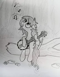 Size: 2810x3569 | Tagged: safe, artist:dhm, derpibooru import, oc, oc:anonfilly, pony, banjo, female, filly, high res, image, jpeg, kermit the frog, monochrome, movie reference, music notes, musical instrument, singing, sketch, solo, swamp, the muppets, traditional art, wholesome