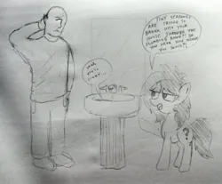 Size: 3556x2947 | Tagged: safe, artist:dhm, derpibooru import, oc, oc:anon, oc:anonfilly, pony, sea pony, annoyed, drawthread, female, filly, high res, image, jpeg, mirror, monochrome, pointing, shrug, sink, sketch, traditional art