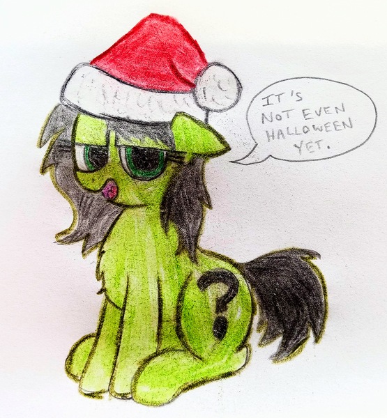 Size: 2660x2875 | Tagged: safe, artist:dhm, derpibooru import, oc, oc:anonfilly, pony, /mlp/, /ss/, 4chan, christmas, female, filly, hat, high res, holiday, image, jpeg, santa hat, sassy, secret santa, solo, speech bubble, text, traditional art