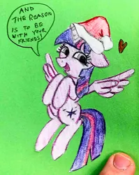 Size: 1595x2006 | Tagged: safe, artist:dhm, derpibooru import, twilight sparkle, twilight sparkle (alicorn), alicorn, pony, /mlp/, /ss/, 4chan, card, christmas, cute, flying, hat, heart, holiday, image, jpeg, looking at you, santa hat, secret santa, solo, speech bubble, text, traditional art