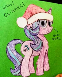 Size: 1595x1976 | Tagged: safe, artist:dhm, derpibooru import, starlight glimmer, pony, /mlp/, /ss/, 4chan, boop, card, chest fluff, christmas, cute, hat, holiday, image, jpeg, looking at you, meme, santa hat, secret santa, solo, traditional art, wow! glimmer