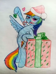 Size: 3120x4160 | Tagged: safe, artist:dhm, derpibooru import, rainbow dash, pony, /mlp/, /ss/, 4chan, bedroom eyes, belly fluff, candy, candy cane, card, christmas, cute, food, hat, heart, holiday, image, jpeg, leaning back, looking at you, mistletoe, on hind legs, present, raised hoof, santa hat, secret santa, seductive, seductive look, sexy, solo, traditional art, wrapping paper