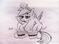 Size: 4160x3120 | Tagged: safe, artist:dhm, derpibooru import, rainbow dash, pony, beatnik, beatnik pony, beret, bongos, cigarette, eyeshadow, hat, image, jpeg, looking at you, makeup, monochrome, musical instrument, sitting, sketch, solo, spread wings, text, traditional art, wings