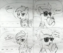 Size: 3235x2762 | Tagged: safe, artist:dhm, derpibooru import, rainbow dash, spitfire, pony, aviator sunglasses, bomber jacket, clipboard, clothes, comic, flight suit, food, gum, hangar, high res, image, jacket, jpeg, monochrome, movie reference, pilot, sketch, speech bubble, sunglasses, text, the right stuff, traditional art