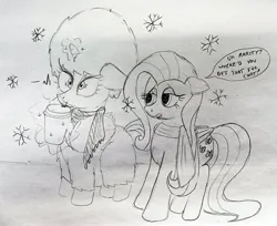 Size: 3273x2668 | Tagged: safe, artist:dhm, derpibooru import, fluttershy, rarity, pony, clothes, coffee, cold, concern, drink, funny, fur coat, heartbeat, high res, image, jpeg, monochrome, scarf, shocked, shocked eyes, sketch, snow, snowfall, snowflake, speech bubble, steam, text, traditional art, winter