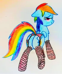 Size: 2475x2944 | Tagged: suggestive, artist:dhm, derpibooru import, rainbow dash, pony, bedroom eyes, butt, chest fluff, clothes, dock, fishnets, garters, high res, image, jpeg, lingerie, looking at you, presenting, raised hoof, solo, tail, traditional art