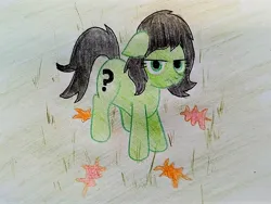 Size: 2980x2238 | Tagged: safe, artist:dhm, derpibooru import, oc, oc:anonfilly, pony, annoyed, drawthread, female, filly, grass, high res, image, jpeg, leaves, looking at you, looking up, looking up at you, solo, traditional art