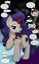 Size: 1250x2000 | Tagged: safe, artist:runningtoaster, derpibooru import, ponified, human, pony, unicorn, caught, dc comics, dialogue, eyeshadow, female, hobby, hoof on chest, human to pony, image, jewelry, makeup, mare, necklace, offscreen character, open mouth, open smile, png, raven (dc comics), requested art, robin (dc comics), secret, shocked, singing, smiling, solo, speech bubble, teen titans, thought bubble, transformation