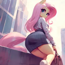 Size: 832x836 | Tagged: safe, ai content, derpibooru import, machine learning generated, fluttershy, anthro, adorasexy, bag, breasts, busty fluttershy, butt, city, clothes, curvy, cute, female, flutterbutt, g4, handbag, hourglass figure, image, large butt, looking at you, looking back, looking back at you, looking down, low angle, nice, png, prompter:horselover fat, rear view, rearboob, reasonably sized breasts, sexy, sideboob, skirt, solo
